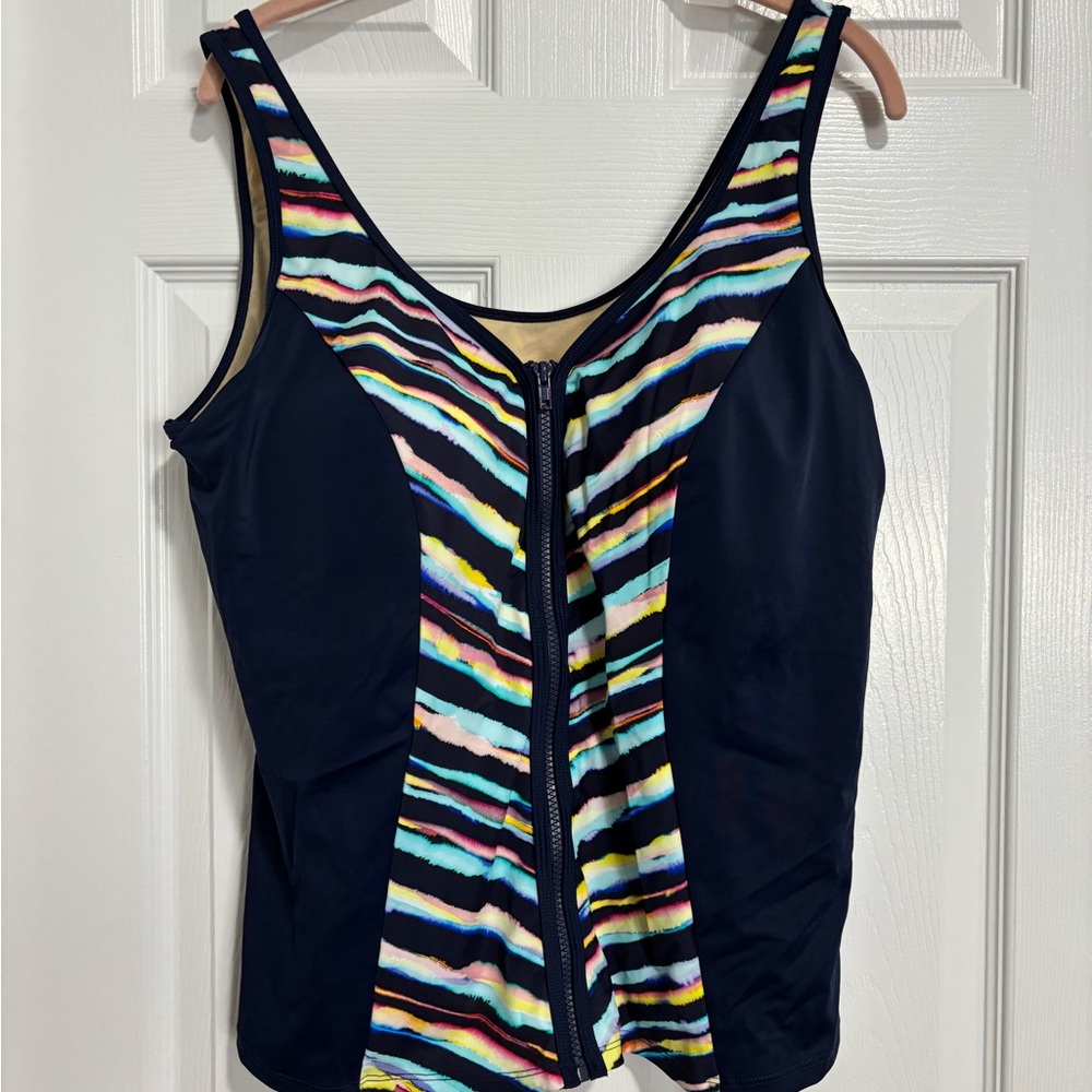 Women's Navy Tankin with Multicolor Stripe Front Zip